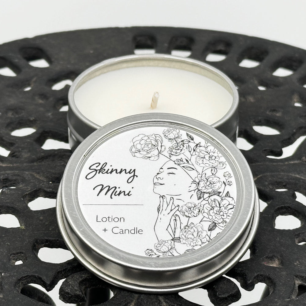 1 oz. tin of Skinny Dip Candle's Eucalyptus Mint Lotion Candle, lid and inside