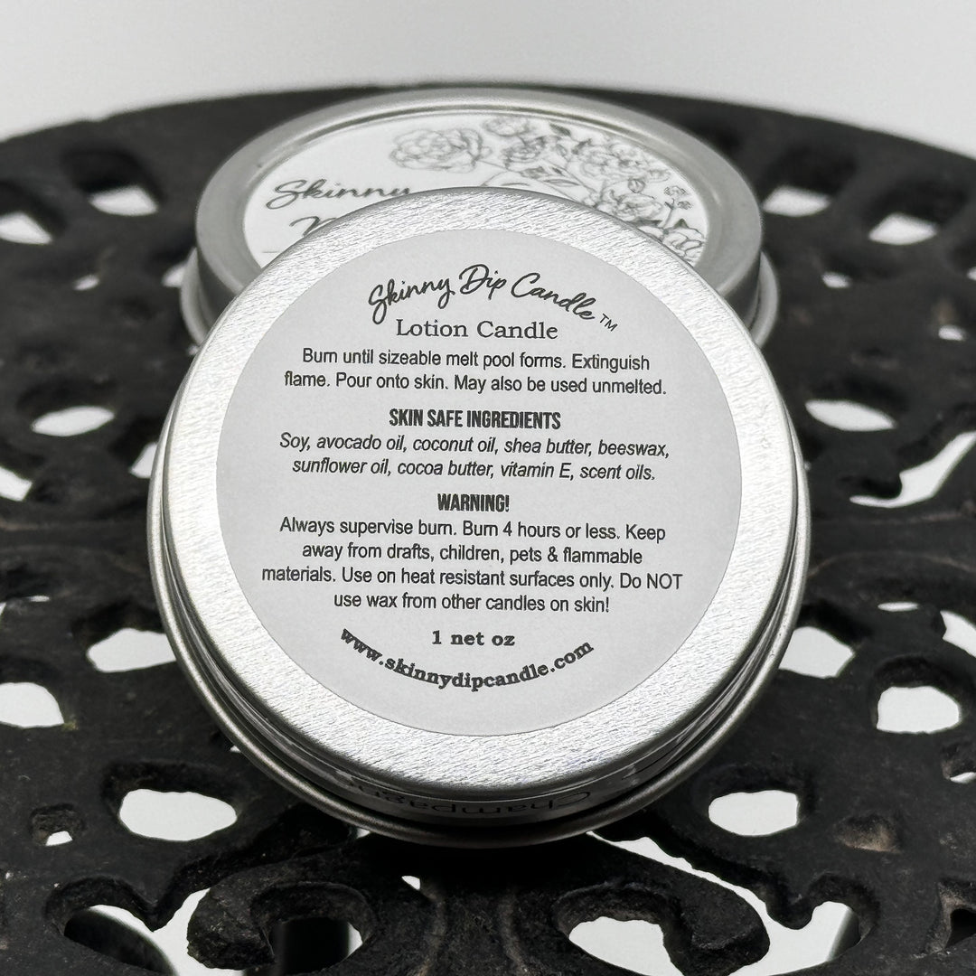 1 oz. tin of Skinny Dip Candle's Lavender Lotion Candle, ingredients