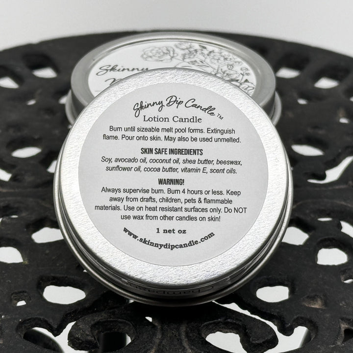 1 oz. tin of Skinny Dip Candle's Eucalyptus Mint Lotion Candle, ingredients