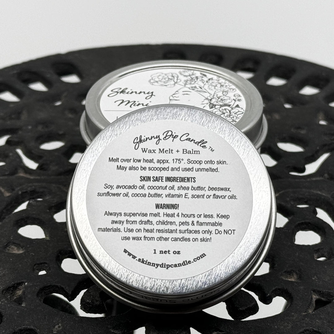 1 oz. tin of Apple Tart Edible Lotion Candle by Skinny Dip Candles, ingredients