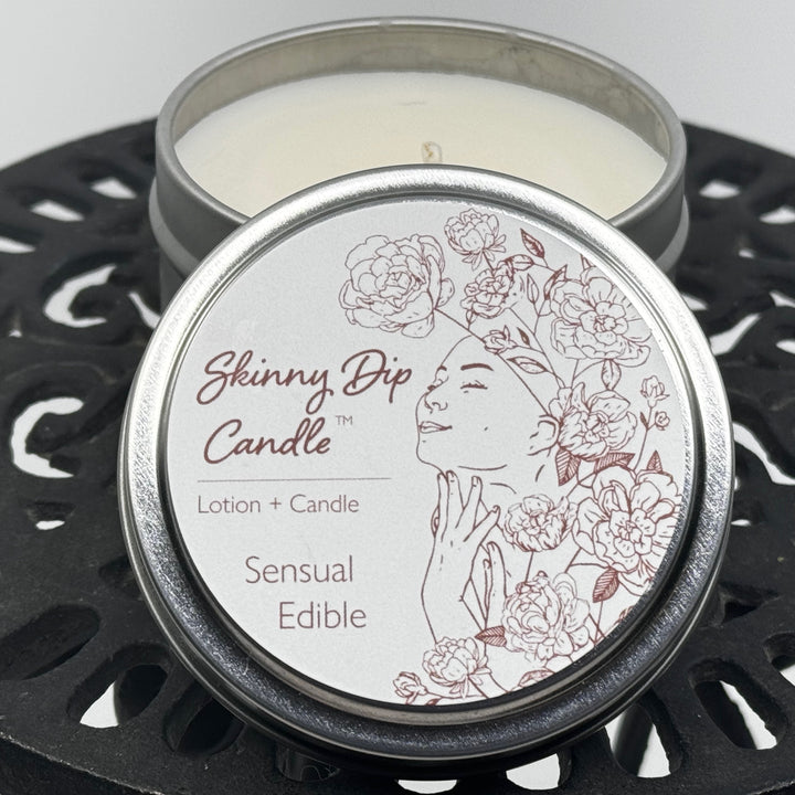 4 oz. tin of Skinny Dip Candle's Passionate Pina Colada Lotion Candle, lid and inside