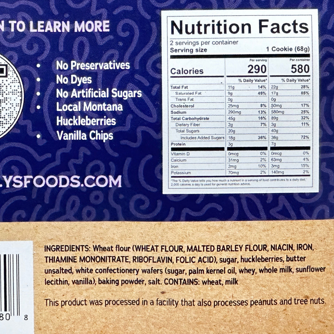 5.4 oz bag of Yellowstone Foods' Bitterroot Valley Trail Huckleberry Vanilla Chip cookies (2 cookies), ingredients & nutrition facts