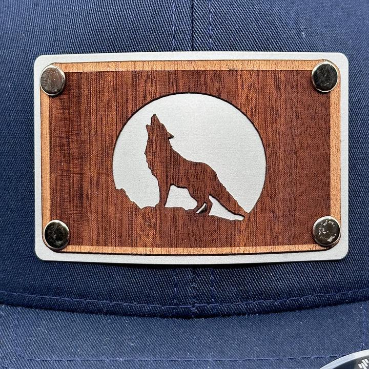 Mahogany Wolf and Silver Anodized Aluminum Plate Patch Trucker Hat