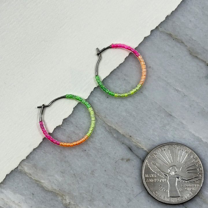 Pair of Aurum Shimmer's Beaded Stainless Steel Hoop Earrings (neon), with scale