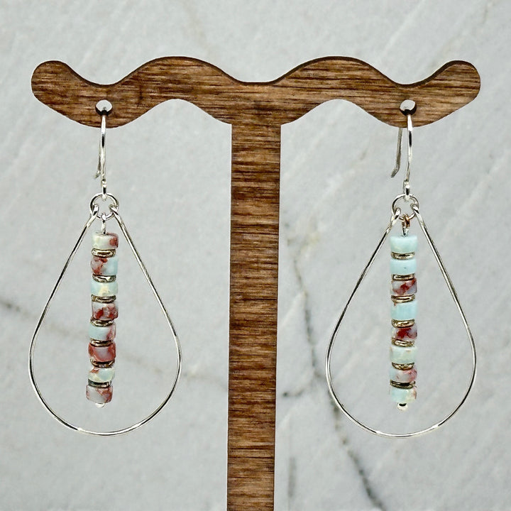 Pair of Bijou by Sam's Light Blue and Coral Jasper Silver Teardrop Hoop Earrings