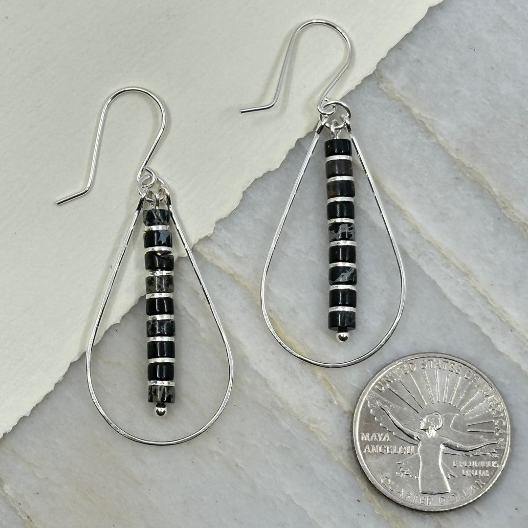 Pair of Bijou by Sam's Black Jasper and Silver Teardrop Hoop Earrings, with scale