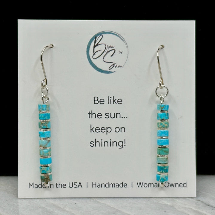 Pair of Bijou by Sam's Vibrant Blue Turquoise Dangle Boho Earrings, on card