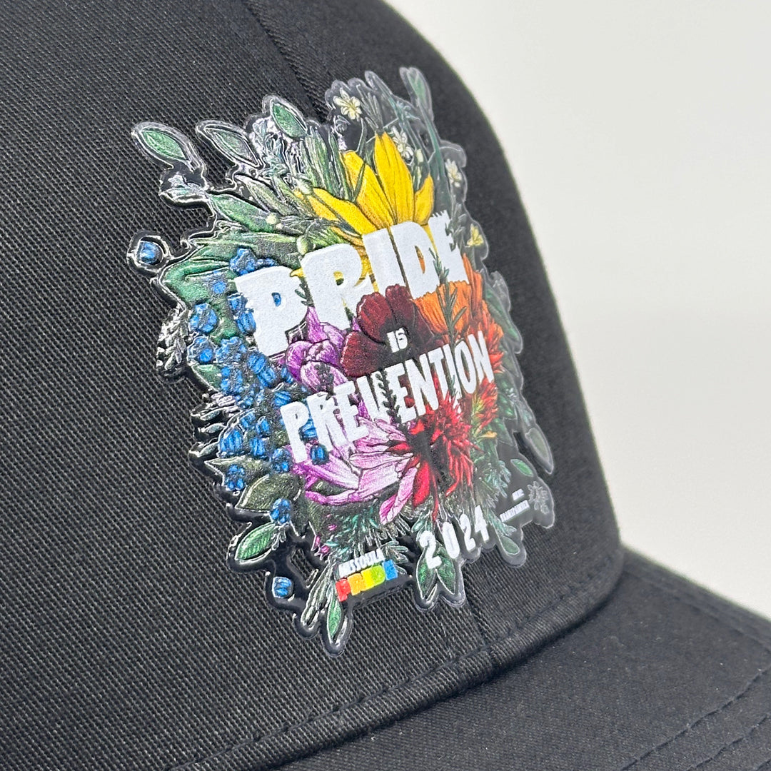 2024 Missoula PRIDE Retro Trucker Hat, patch closeup 3/4 view