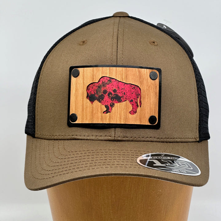 Cherry Wood & Red Copper Bison Coyote Brown & Black Trucker Hat