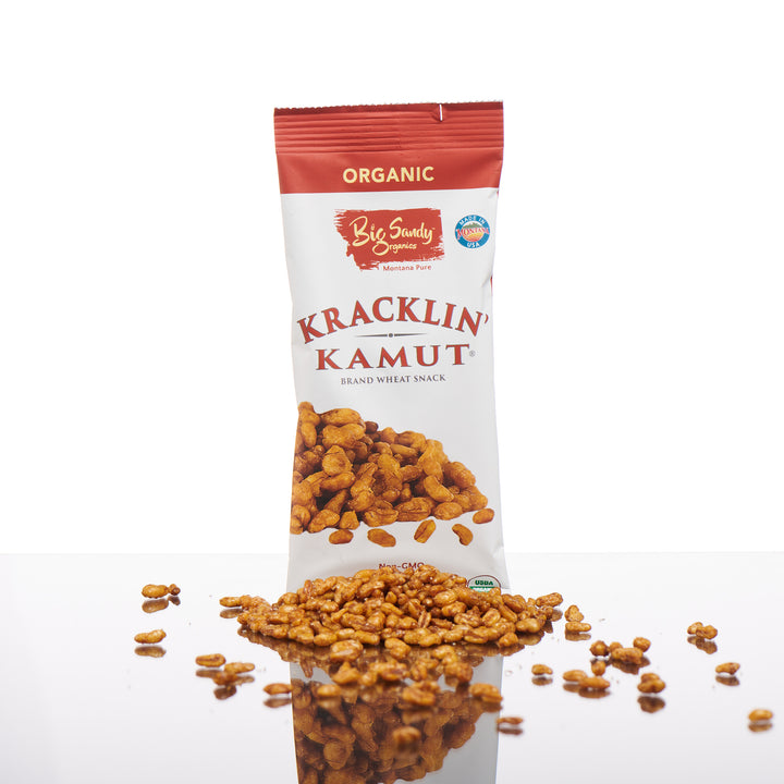 1.4 oz. bag of Churro flavored Kracklin Kamut wheat germ snack made with khorasan wheat grown in Montana, front with displayed product