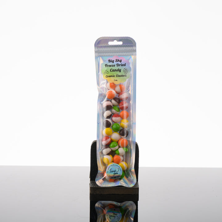 A iridescent package with freeze dried skittles