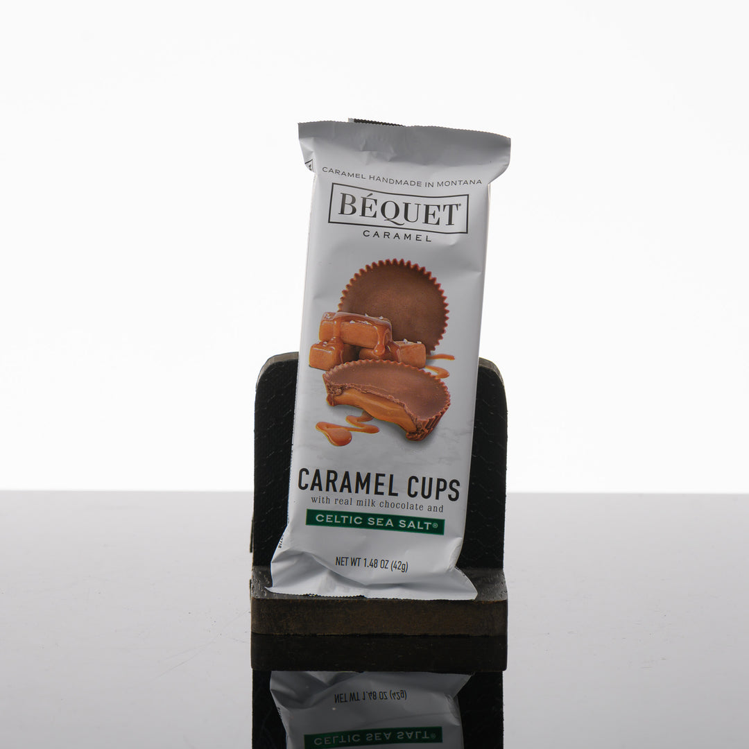 A two piece package of sea salt caramel chocolate cups