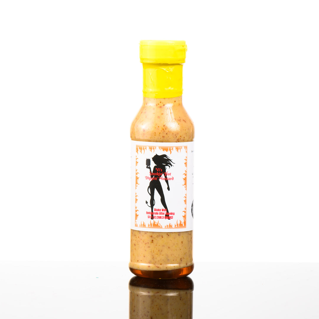 13 fl oz bottle of Vi's Smokin' Hot Dippin Mustard, front