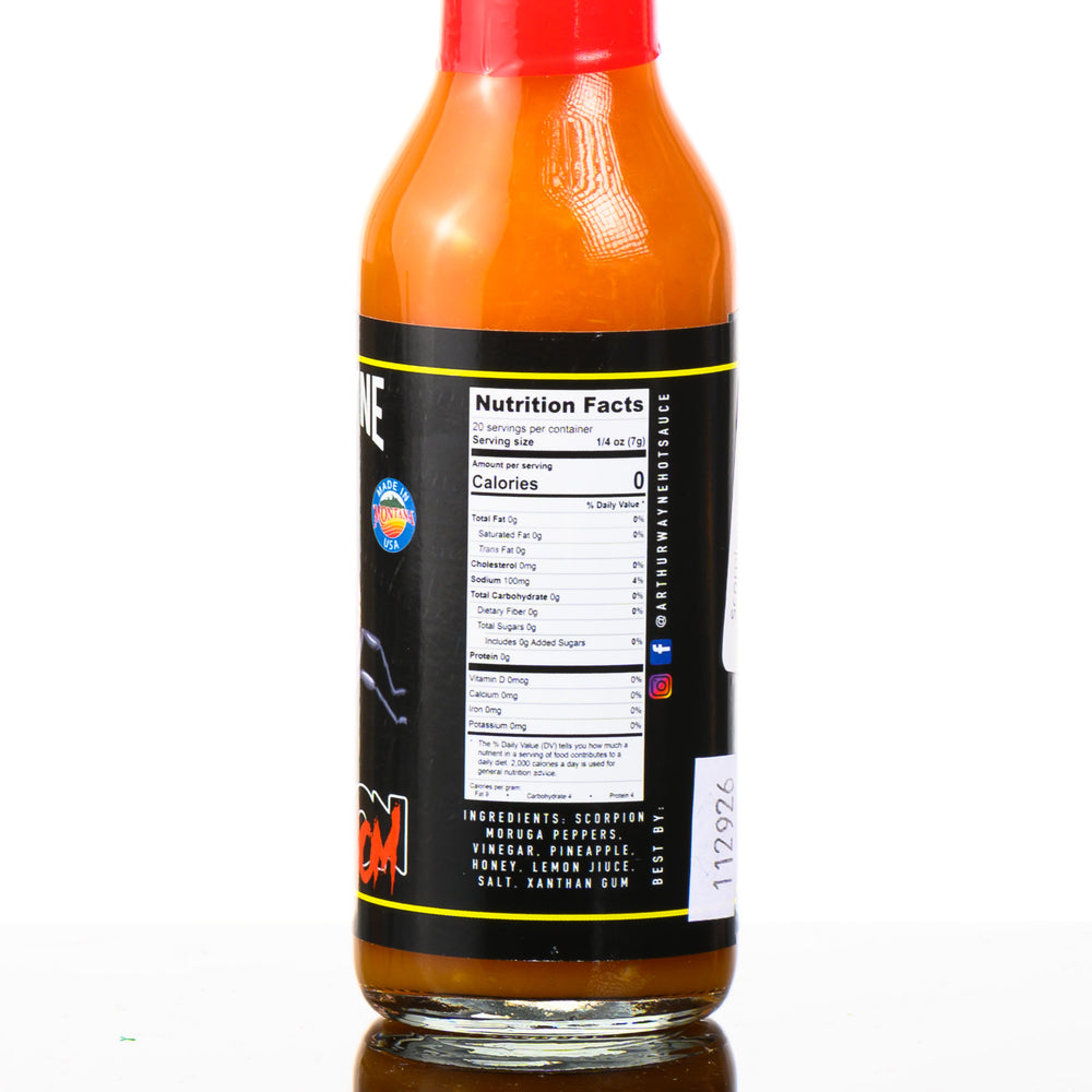 5 oz. bottle of Scorpion Venom hot sauce by Arthur Wayne, nutrition facts and ingredients