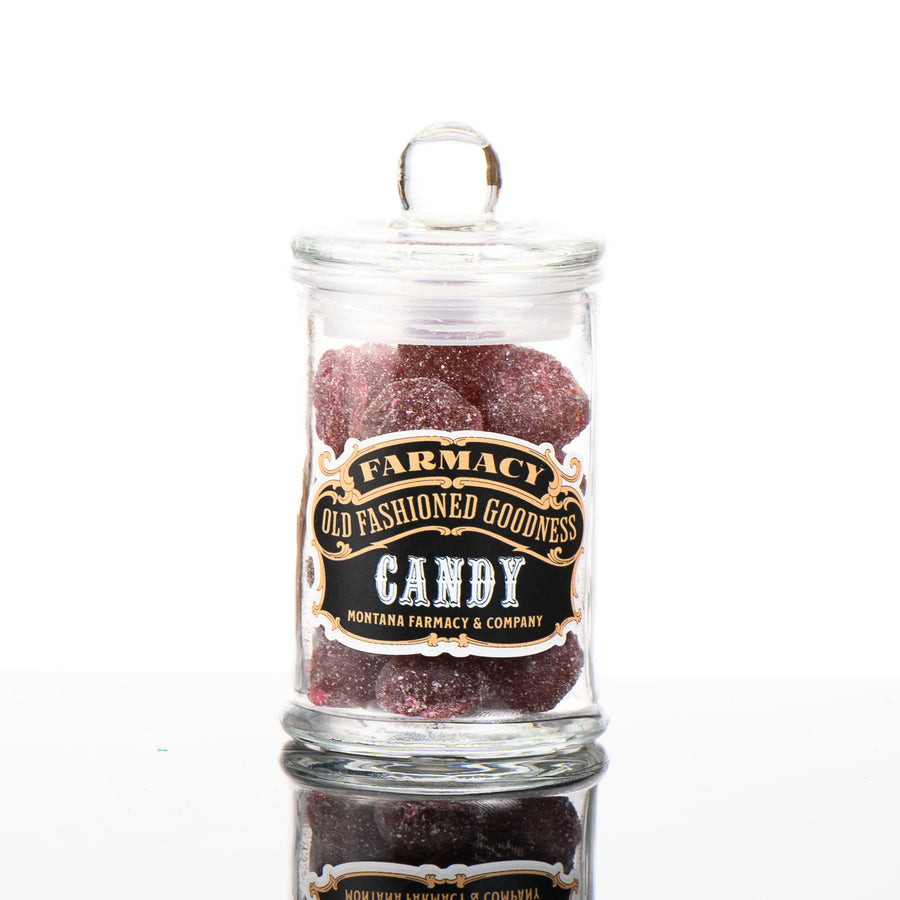 MT Farmacy Old Fashioned Goodness Candy--Huckleberry Hard Candy--in a glass jar, front