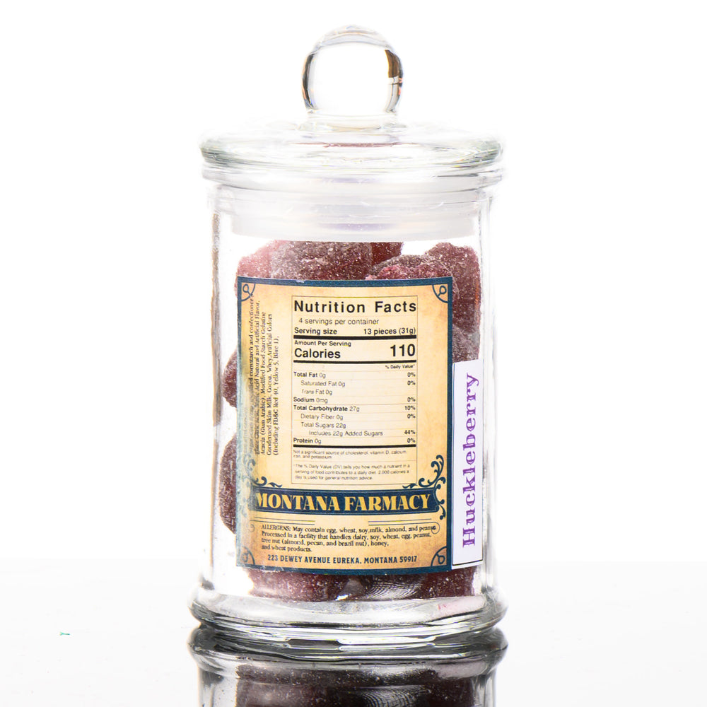 MT Farmacy Old Fashioned Goodness Candy--Huckleberry Hard Candy--in a glass jar, nutrition facts and ingredients