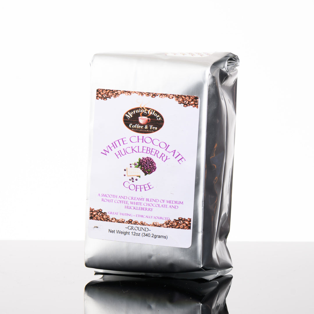 12 oz bag of White Chocolate Huckleberry Coffee by Morning Glory Coffee & Tea, front