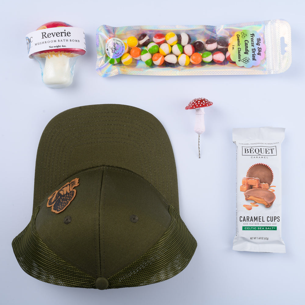 a flat lay picture, from above, with a green hat with a morel mushroom wood patch, a mushroom bath bomb, freeze dried skittles, a mushroom plant decoration, and caramel chocolate cups.