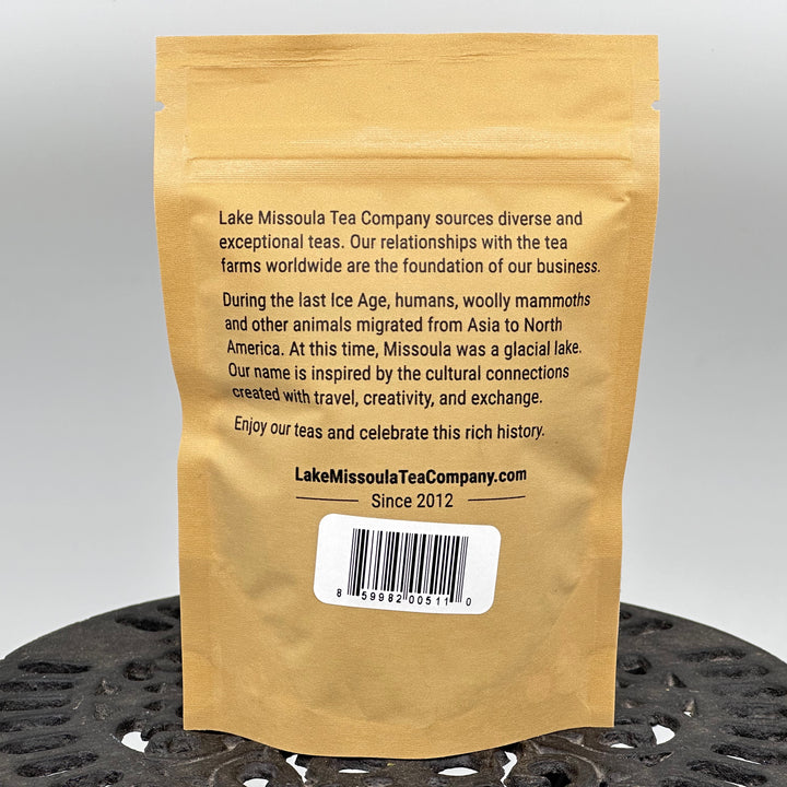 1.4 oz. bag of Lake Missoula Tea Company's Christmas Tea--the perfect gift of Montana tea; image depicts the back of the bag with product description