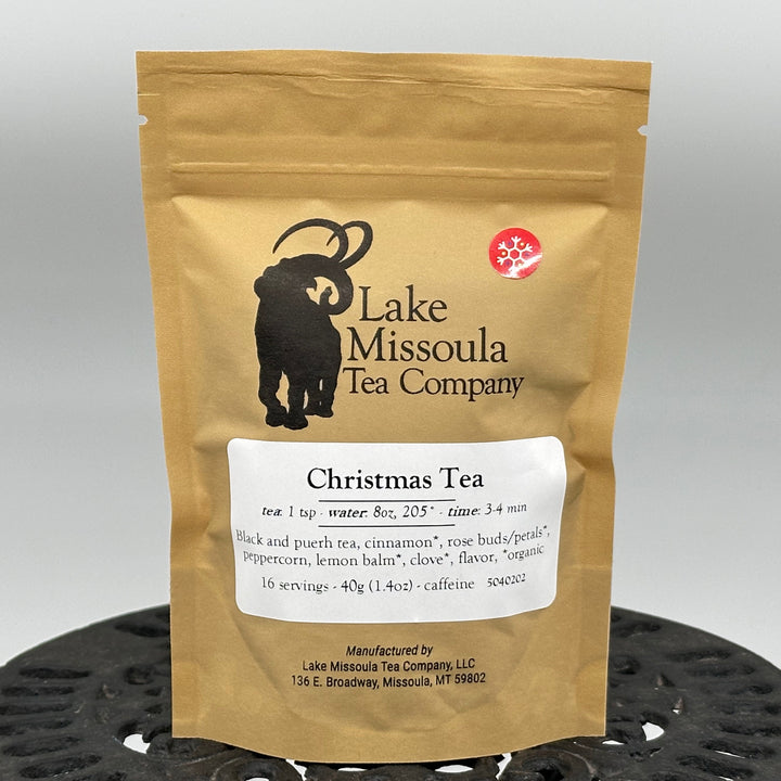 1.4 oz. bag of Lake Missoula Tea Company's Christmas Tea--the perfect gift of Montana tea; image depicts the front of the bag