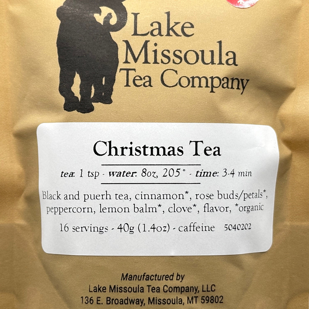 1.4 oz. bag of Lake Missoula Tea Company's Christmas Tea--the perfect gift of Montana tea; image depicts the front of the bag with product ingredients