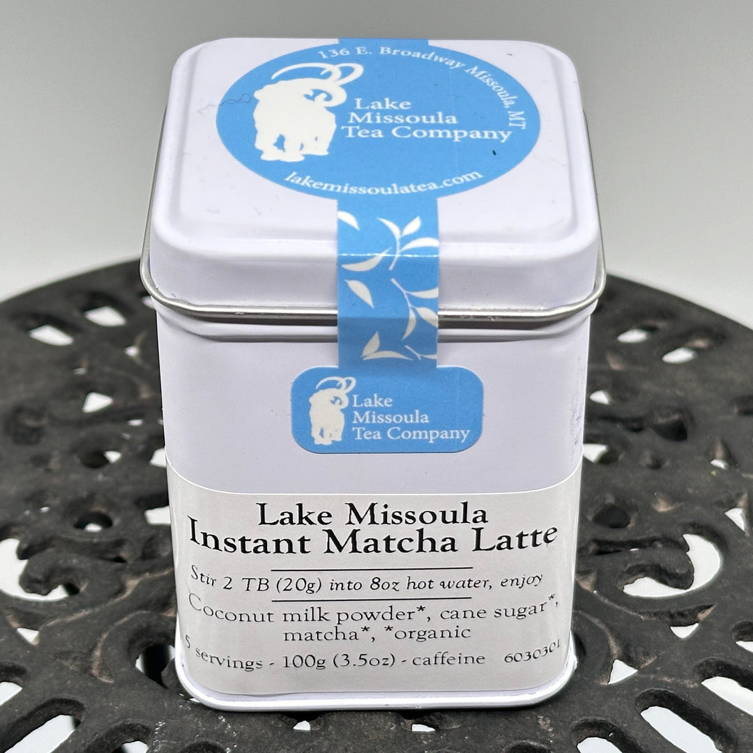 3.5 oz tin of Lake Missoula Tea Company's Lake Missoula Instant Matcha Latte--the perfect gift of Montana tea; image depicts the front and top of the tin