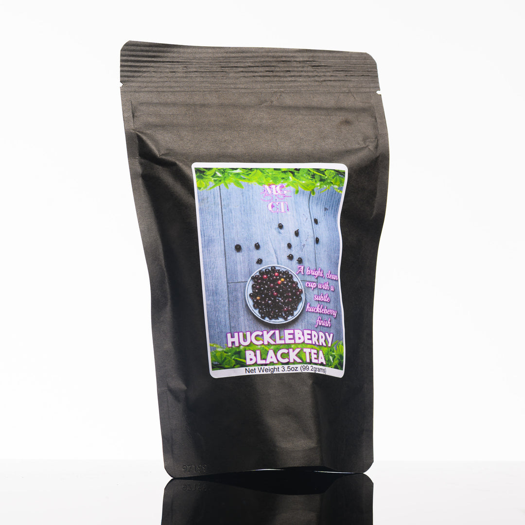 A bag of Morning Glory Coffee and Teas' 3.5oz bag of loose leaf Huckleberry Black Tea. A bright, Clean cup with a subtle huckleberry finish.