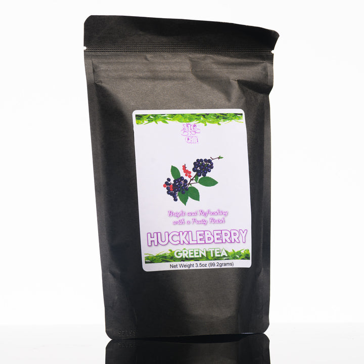 A 3.5oz bag of loose leaf Huckleberry Green Tea made in Montana by Morning Glory Coffee and Tea. Bright and Refreshing with a Fruity Finish.