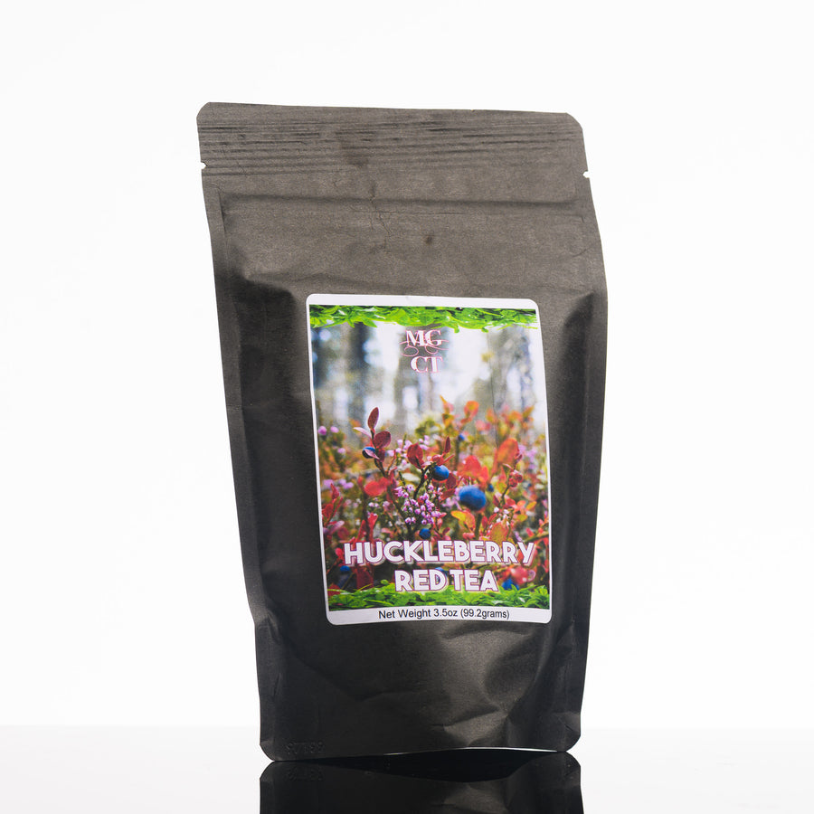 A 3.5oz bag of Huckleberry Red Tea made in Montana by Morning Glory Coffee and Tea.