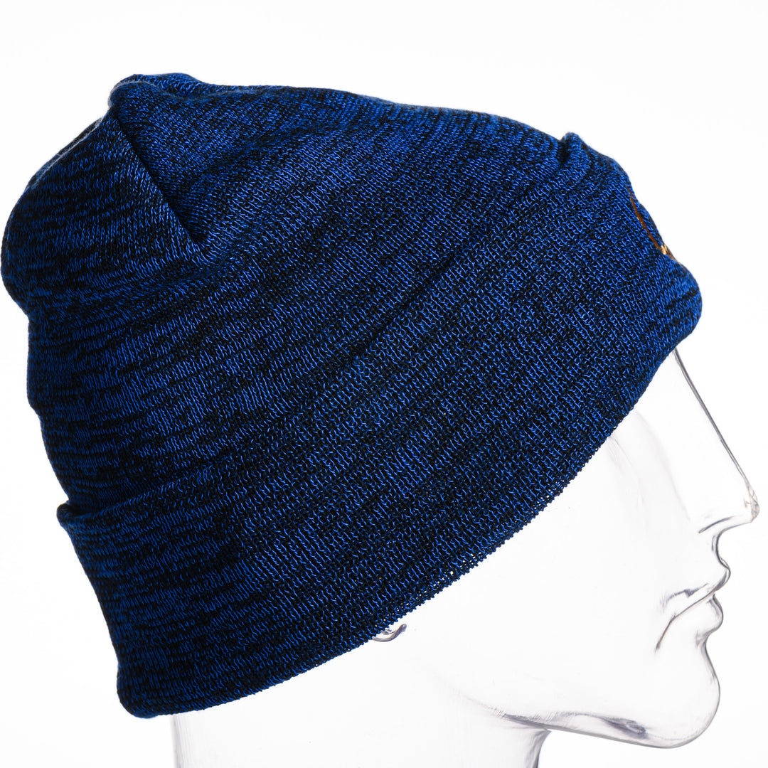 This blue heathered beanie features a golden MSU cats script embroidered on the front, side view