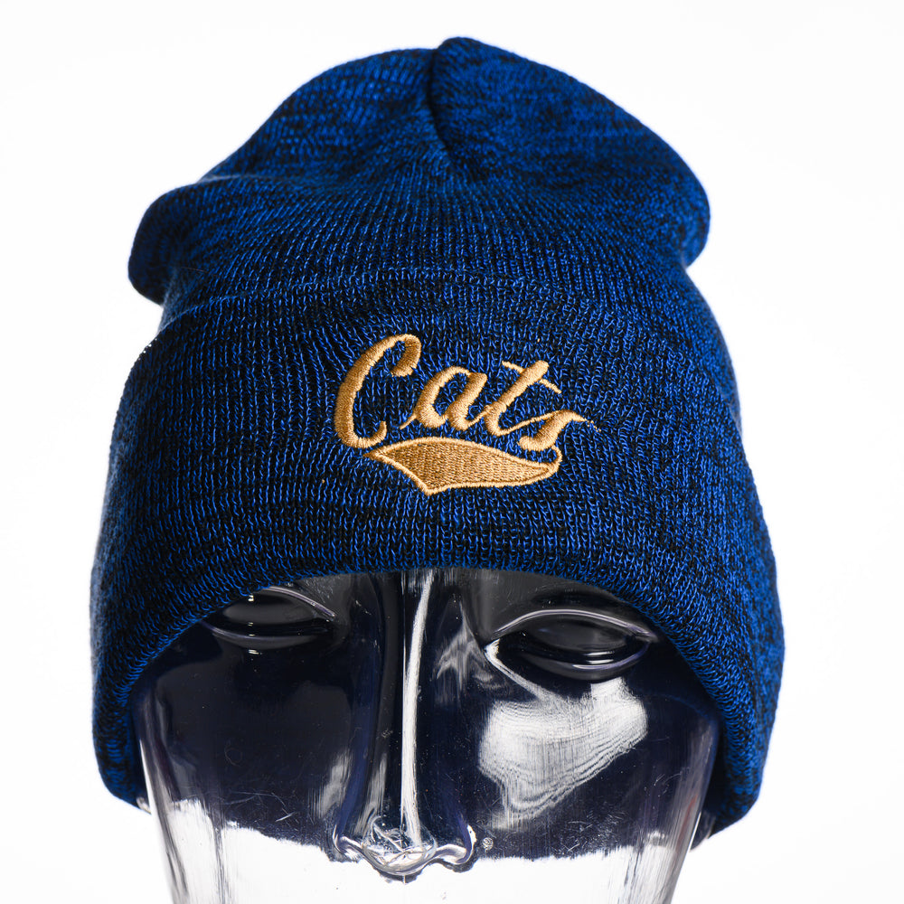 This blue heathered beanie features a golden MSU cats script embroidered on the front.