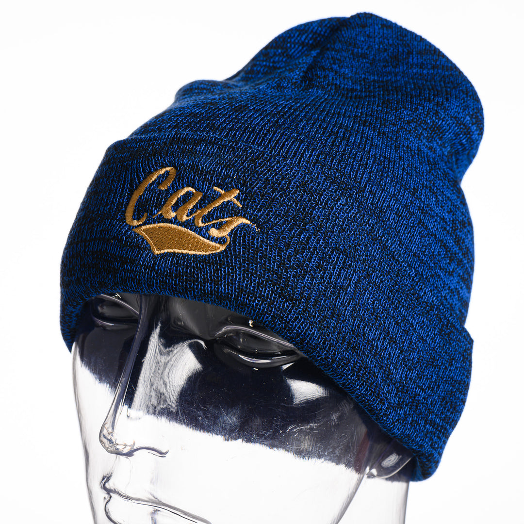 This blue heathered beanie features a golden MSU cats script embroidered on the front.