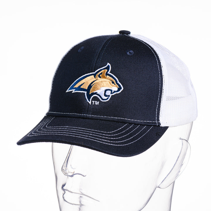 This Navy Blue and white mesh kid's trucker hat features an embroidered MSU bobcats Head Logo.