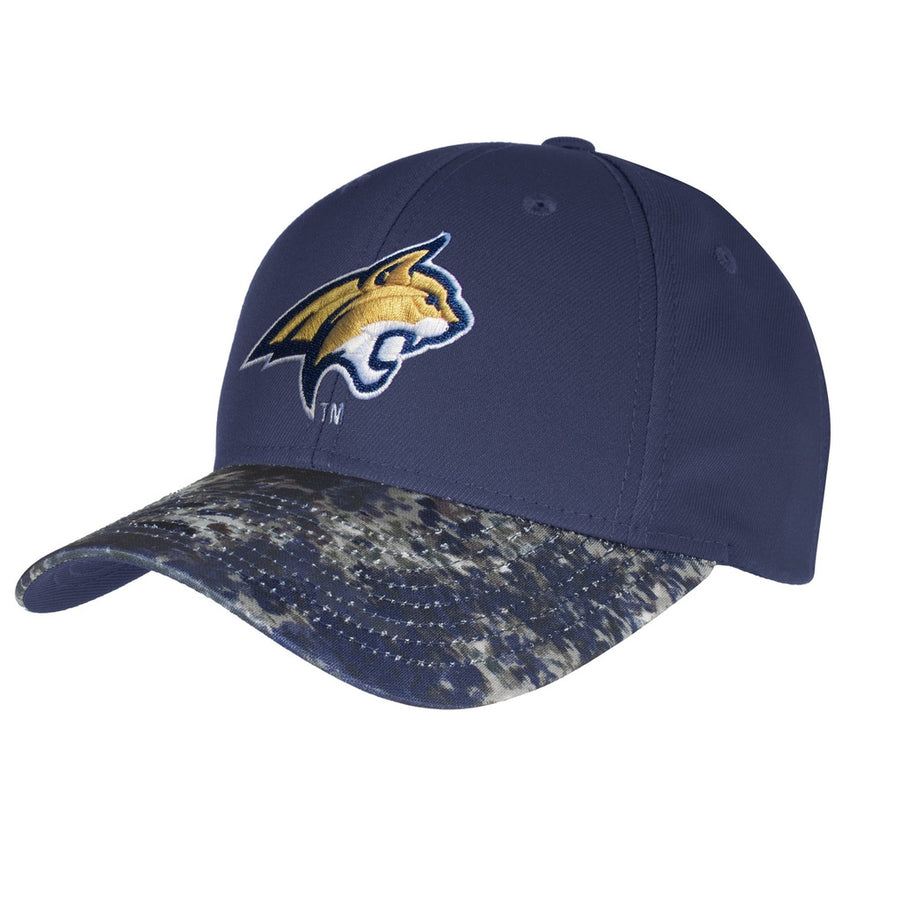 This Navy baseball hat features a patterned bill and a MSU Cats Head embroidery on the front.