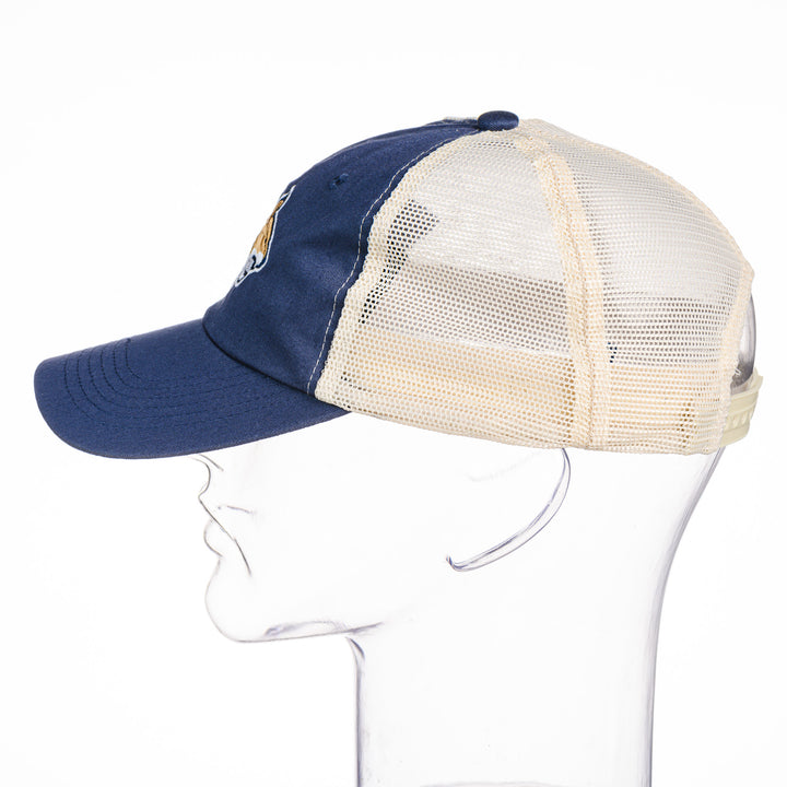 This denim blue and cream mesh trucker hat features a made in Montana embroidered Cat's Head logo.