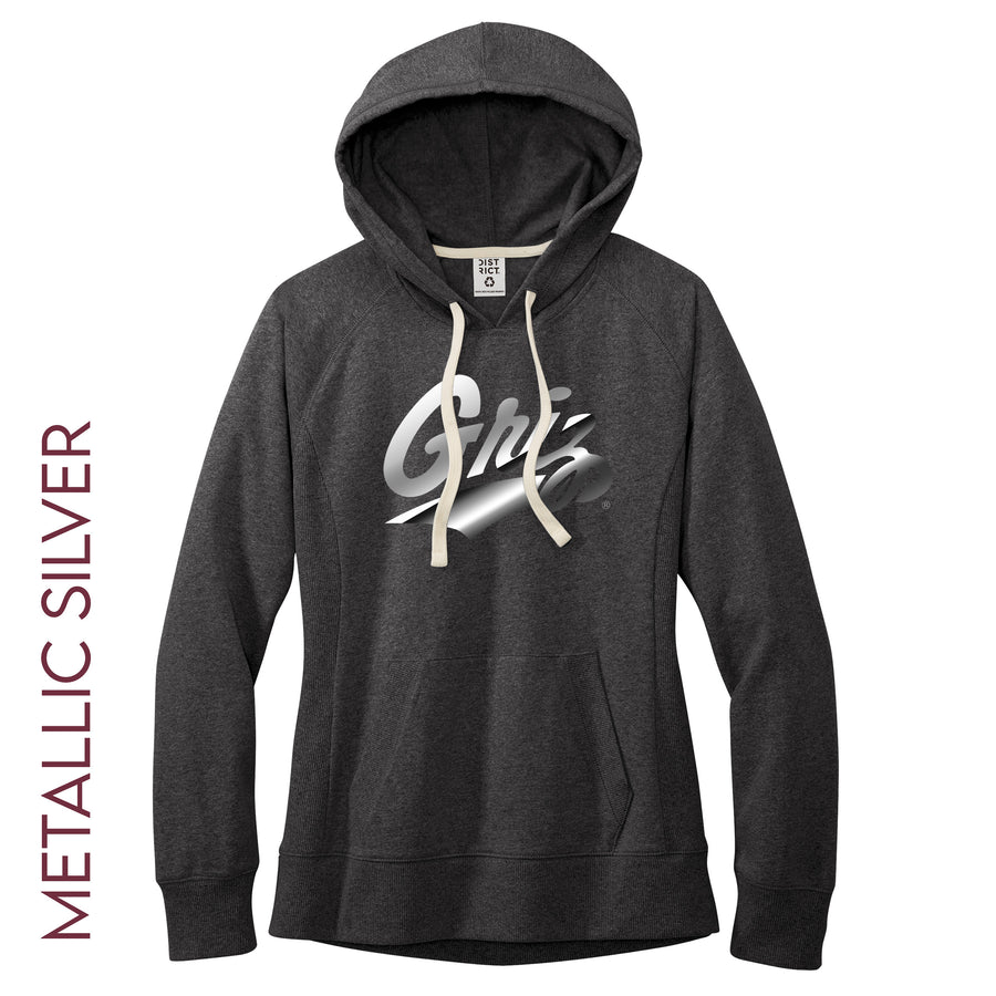 Blue Peak Creative's charcoal heather Ladies' Re-Fleece Hoodie with the Metallic Griz Script design in silver