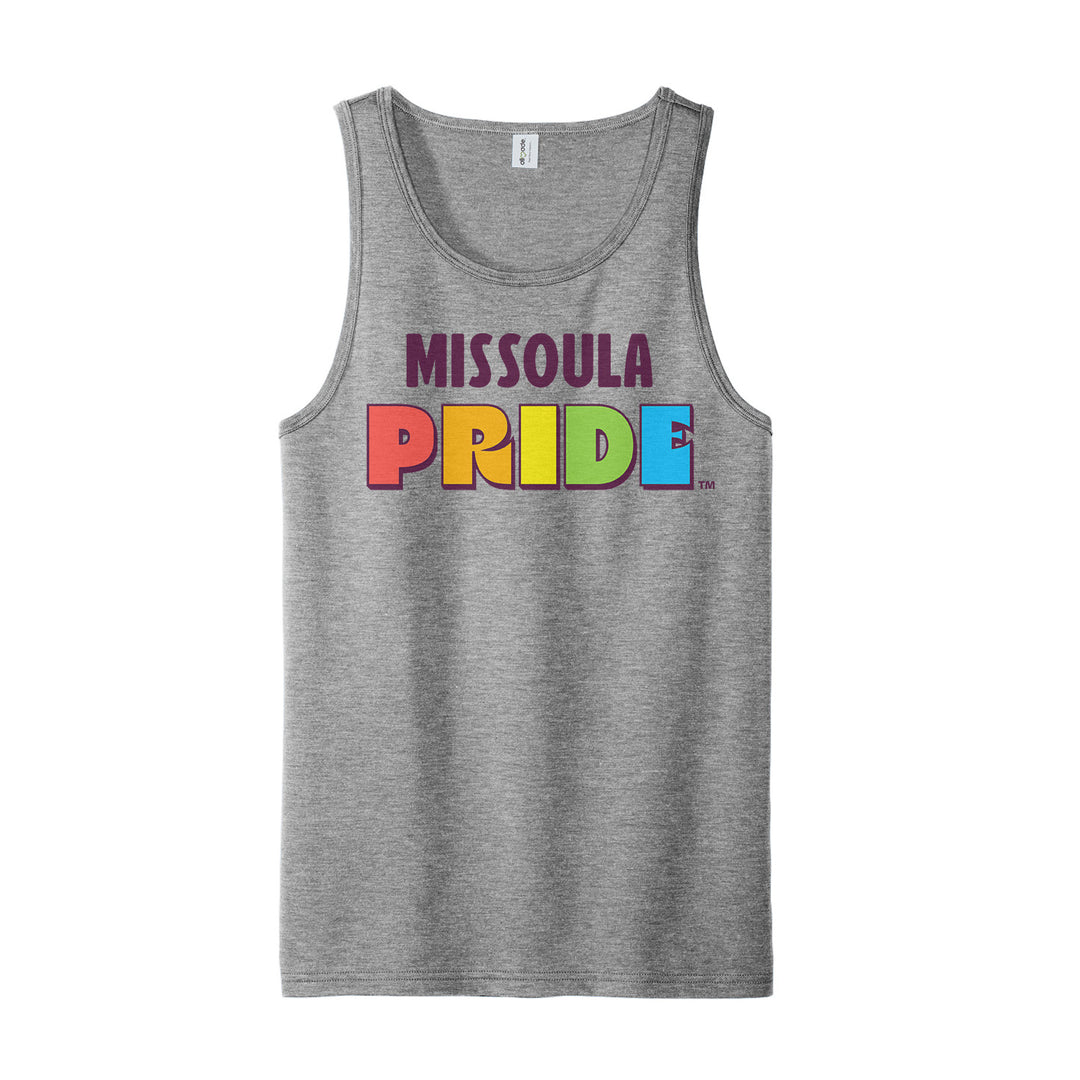 Grey all-gender / unisex tank top featuring the Missoula Pride logo; a portion of sales are donated to the Missoula Pride fundraiser.