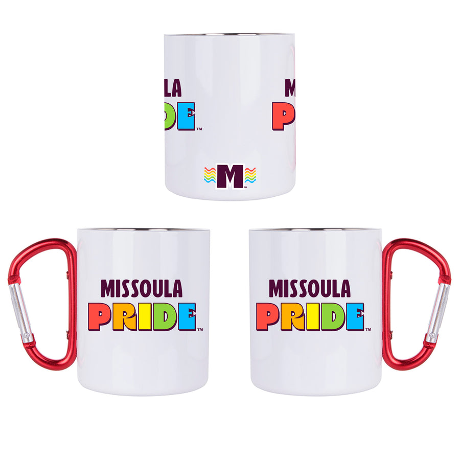 White stainless steel mug with red carabiner handle featuring a wrap-around print of the Missoula Pride logo; portion of sales are donated to the Missoula Pride fundraiser.