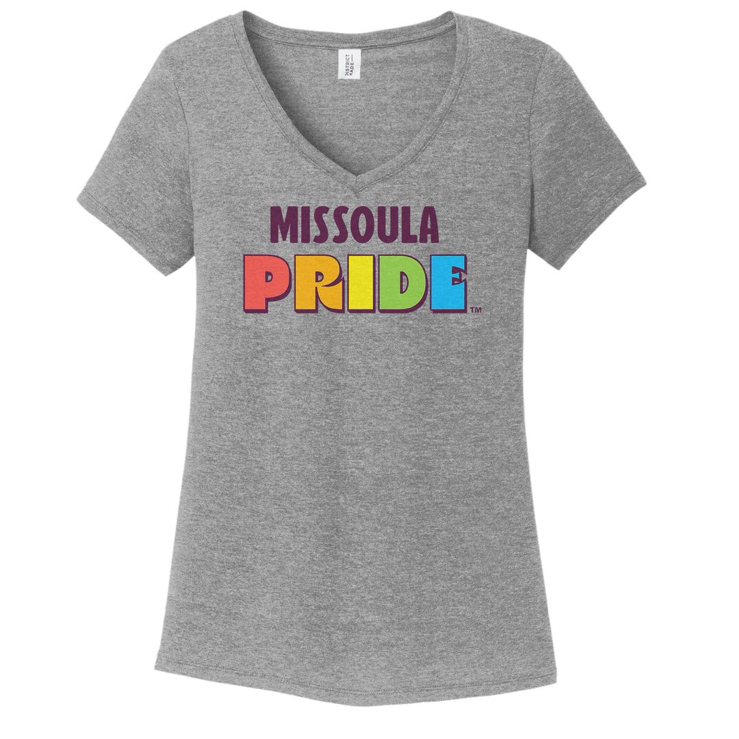 Grey v-neck t-shirt featuring the Missoula PRIDE logo; a portion of sales are donated to the Missoula Pride fundraiser.