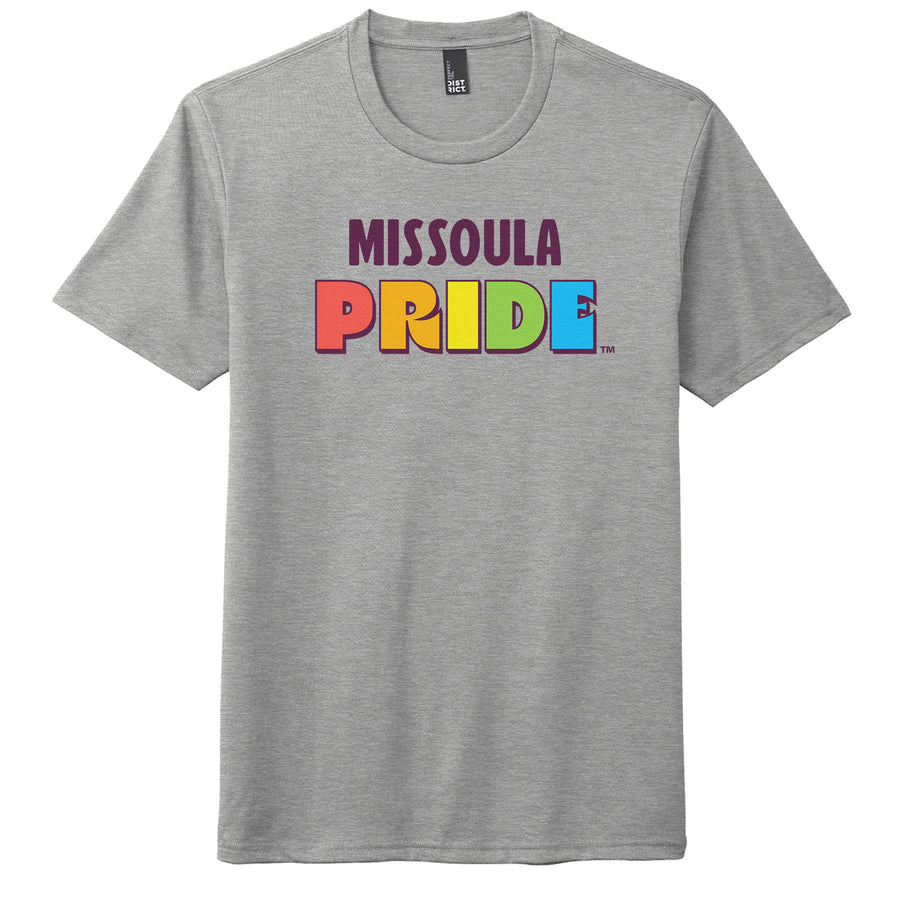 Grey all-gender / unisex t-shirt featuring the Missoula PRIDE logo; a portion of sales are donated to the Missoula Pride fundraiser.