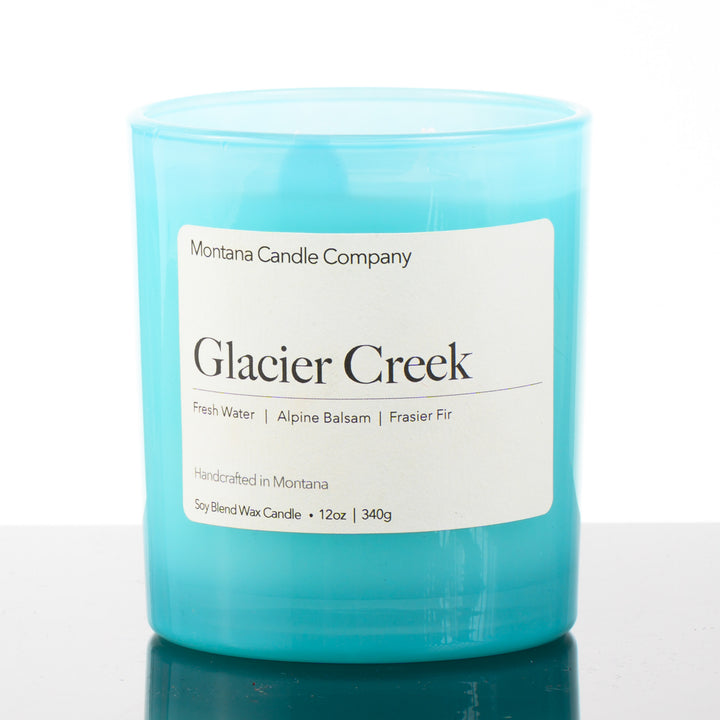 Glacier Creek Candle soy blend candle handmade in Missoula, Montana by Montana Candle Company, with a fresh alpine scent, 12 oz. glass tumbler