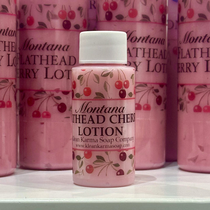 A 1oz bottle of Montana Flathead Cherry lotion, luxury lotion made in Montana.