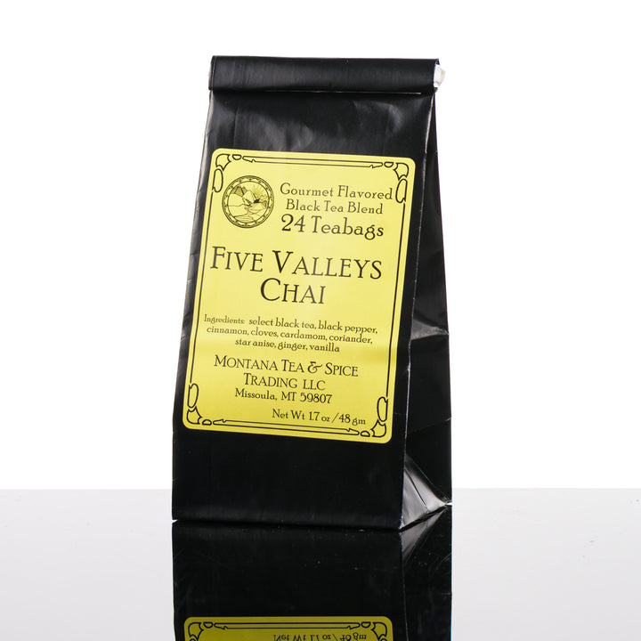 A bag of Montana Made Five Valleys Chai, a blend of spices and black tea by Montana Tea & Spice.