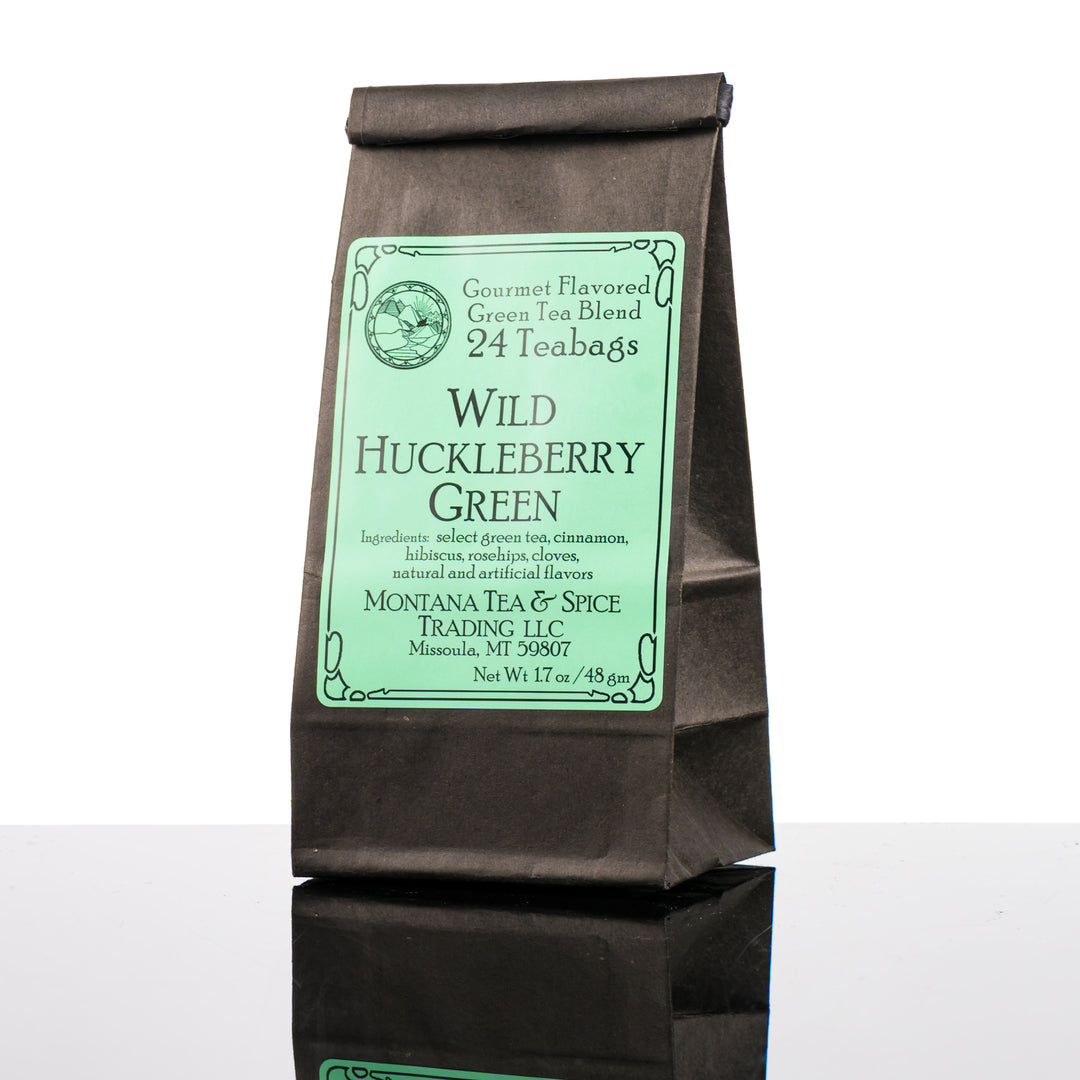 A bag of Montana Tea & Spice's Wild Huckleberry Green Tea made in Missoula, Montana.