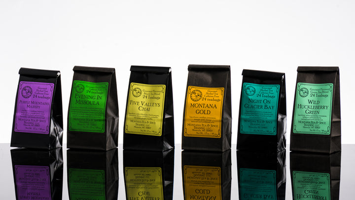 Six packages of tea (24 teabags in each) made in Montana by Montana Tea and Spice, including Purple Mountains Majesty, Evening in Missoula, Five Valleys Chai, Montana Gold, Night on Glacier Bay and Wild Huckleberry Green.