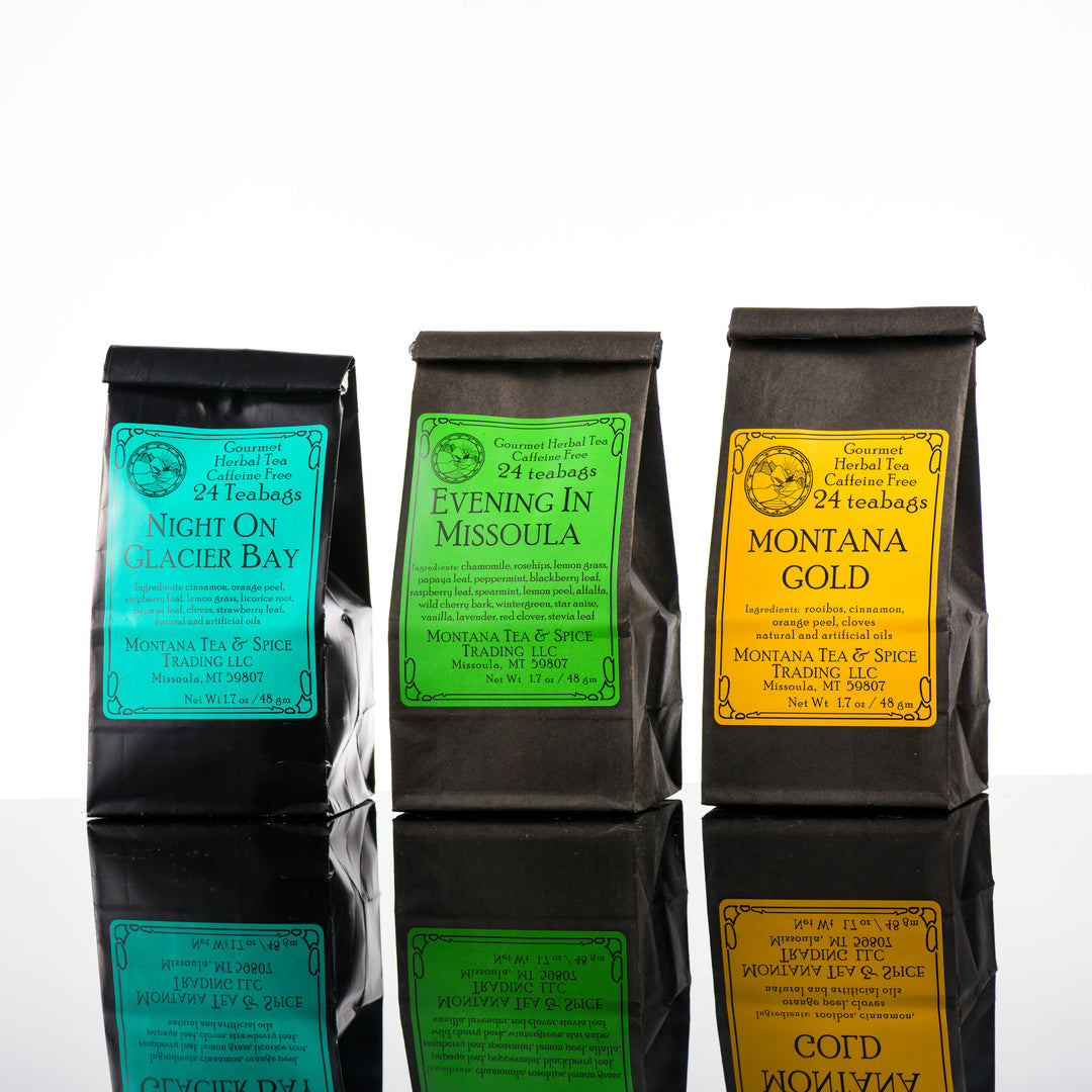 Three popular Montana made teas including Night on Glacier Bay, Evening in Missoula and Montana Gold