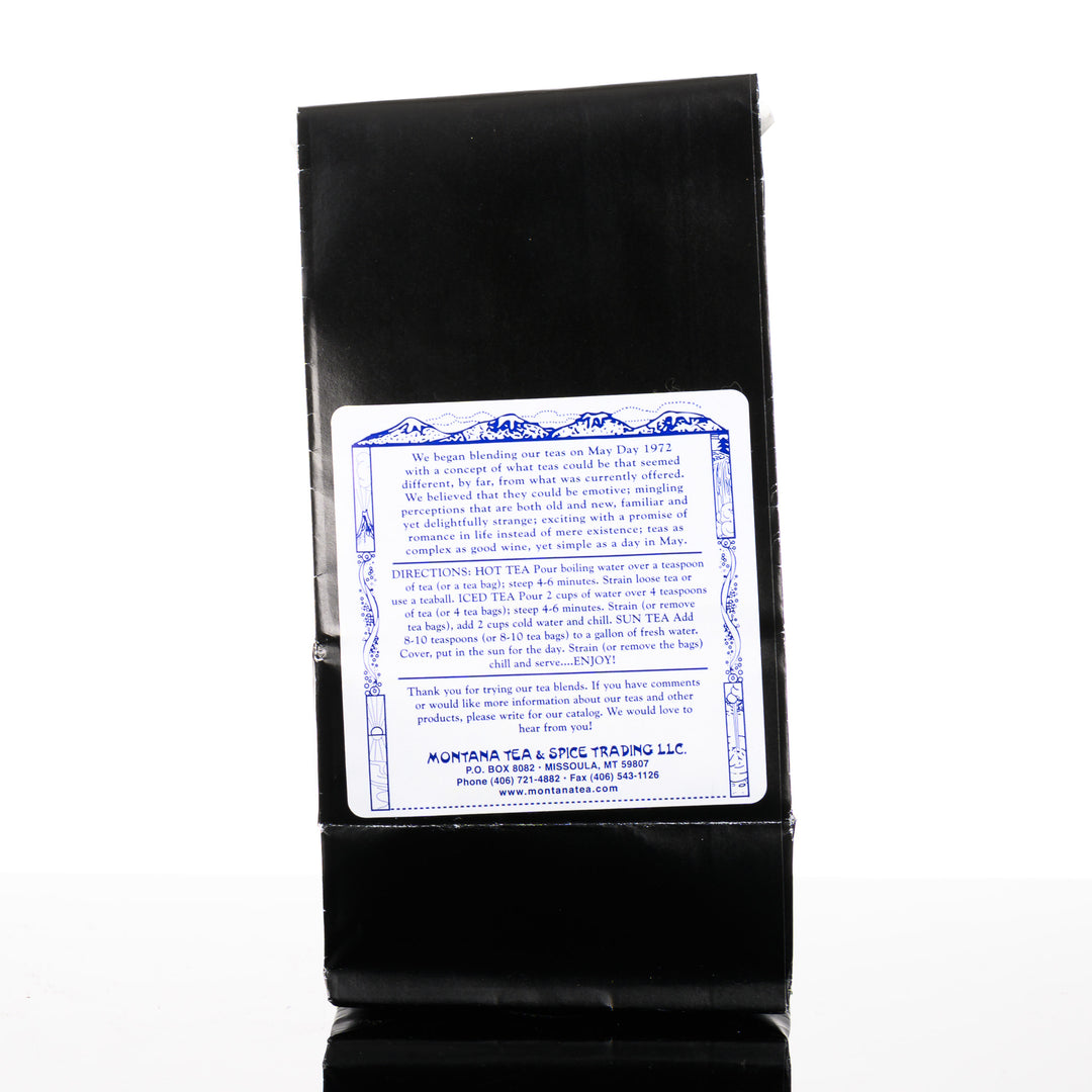 1.7 oz bag of Montana Tea & Spice Trading LLC's Five Valleys Chai (24 teabags, caffeine free) description and brewing directions—Montana-made tea for gifting and sipping