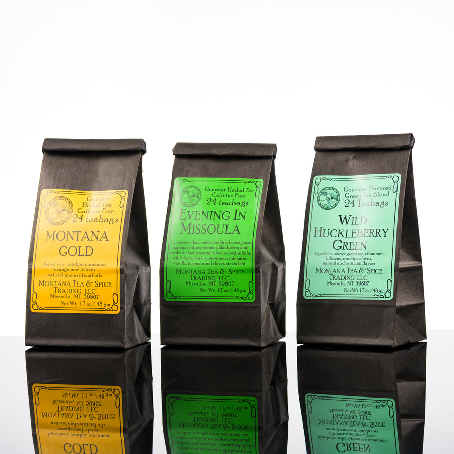 Three popular bags of tea from Montana, tea and spice, including Montana Gold, Evening in Missoula and Wild Huckleberry Green.