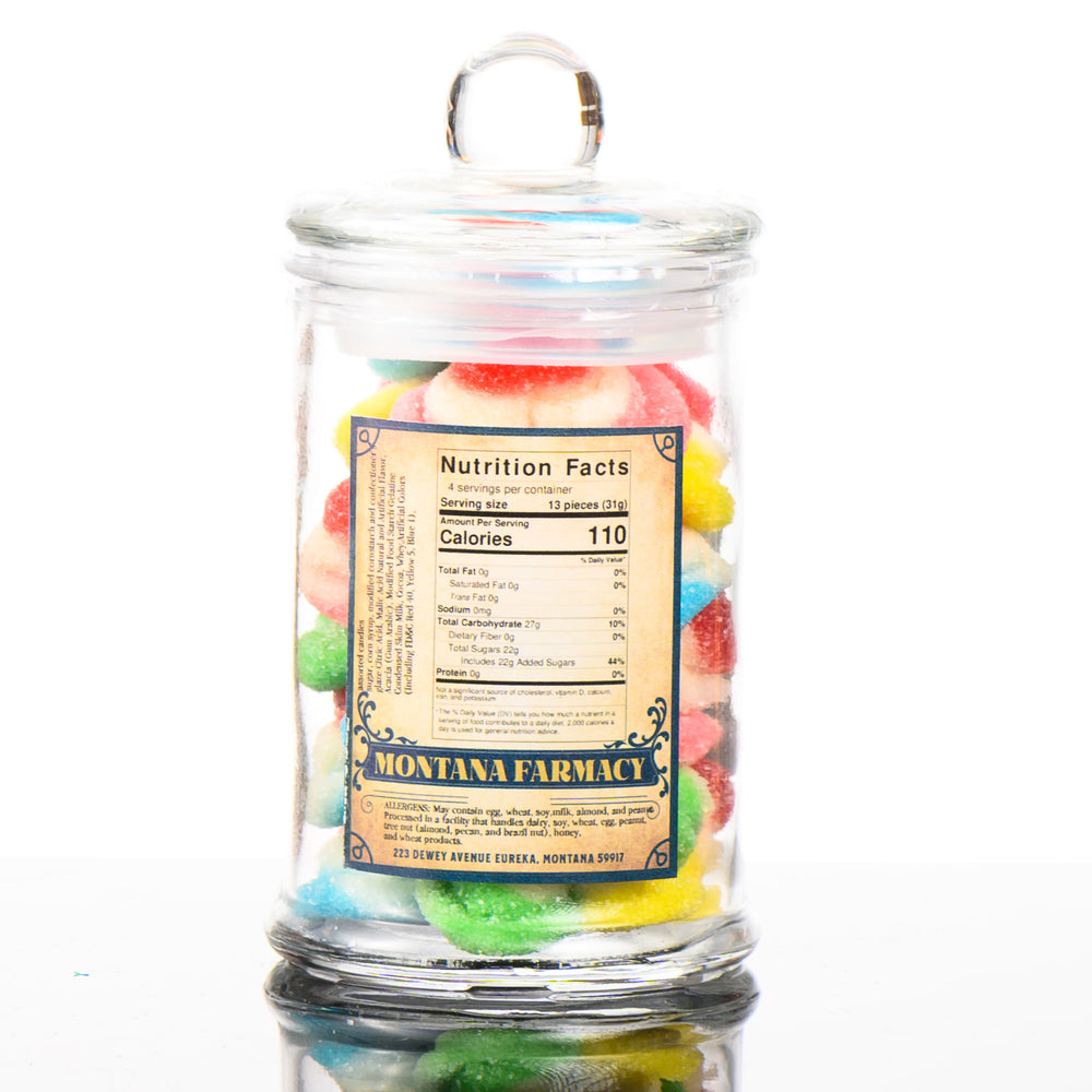 MT Farmacy Old Fashioned Goodness Candy--heart-shaped Love Gummies--in a glass jar, nutrition facts and ingredients