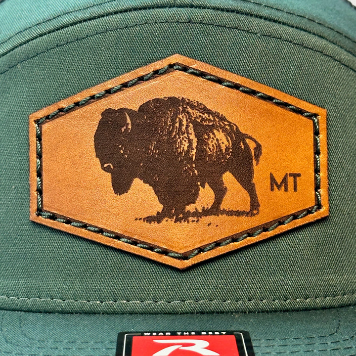 made in montana leather patch flatbill trucker hat. hand stitch